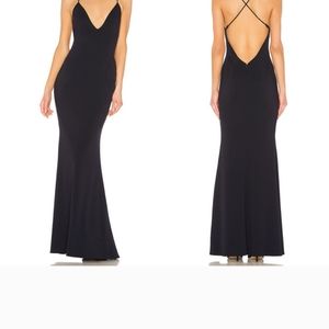 Navy Blue Katie May Plunging V-Neck Stamina Crisscross Back Large Crepe Gown.